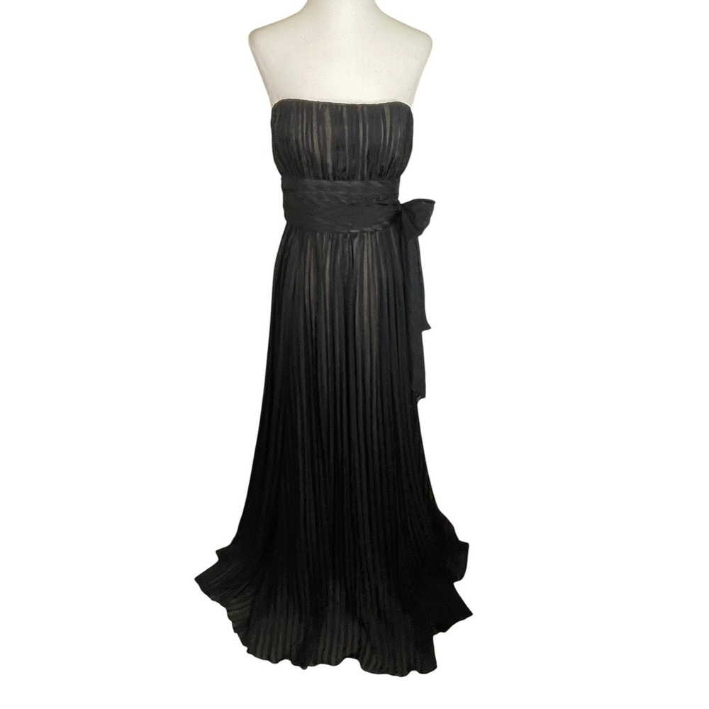 BCBG MAX AZRIA Black Silk Strapless Pleated Formal Gown Sash Waist Dress 4